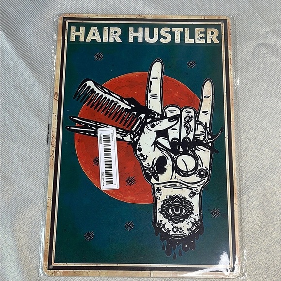 Vintage Vibe NWT Hair Hustler Metal Tin Sign Tatoo Hand Design Scissors Comb - Picture 6 of 6